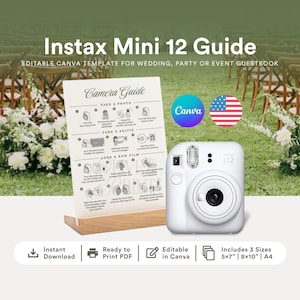 Puede incluir: Una cámara Instax Mini 12 blanca con una guía para tomar fotos y selfies. La guía está sobre un soporte de madera e incluye instrucciones. El texto de la guía dice "Camera Guide" y "Instax Mini 12 Guide". La imagen también incluye el logotipo de Canva y una bandera estadounidense.