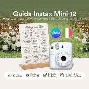 May include: A white Instax Mini 12 camera with an Italian guide. The guide is on a wooden stand and has instructions. The image also features the Canva logo and text stating "Instant Download", "Ready to Print PDF", and "Editable in Canva".