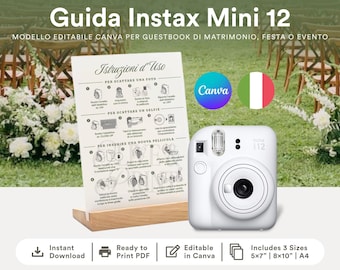 Italiano / Guida alla fotocamera Fujifilm Instax Mini 12 per matrimoni: modello Canva modificabile (download digitale)