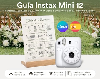 Guía de la cámara Fujifilm Instax Mini 12 para bodas: Plantilla editable de Canva (descarga digital)
