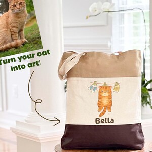 Custom Cat Tote Bag with Name, Cat Mom Gift, Cute Canvas Bag for Pet Lovers, Personalized Pet Illustration from Photo, Cat Lover Gift