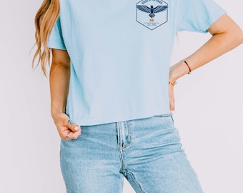 Raven Crest Crop Tee, Wizard School Shirt, Comfort Colors Magical Fantasy Boxy Tee, Vintage Bird Crest Graphic Tee, Gift for Book Lovers