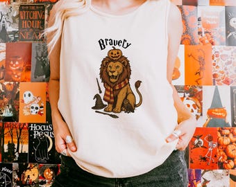 Bravery House Tank Top, Comfort Colors Lion Halloween Shirt, Pumpkin Lion Graphic Tank, Wizard Inspired Fall Gift