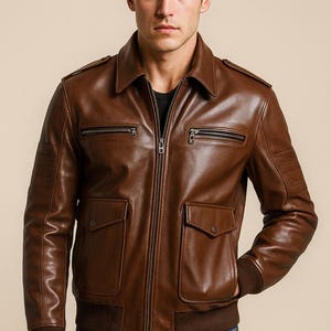 Handmade Men’s Brown Leather Bomber Jacket – Classic Flight Style, Slim Fit Moto Outerwear, Vintage Aviator Pilot Coat
