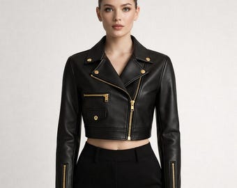 Vintage 1990's 80s Cropped Leather Biker Jacket // Black Silver