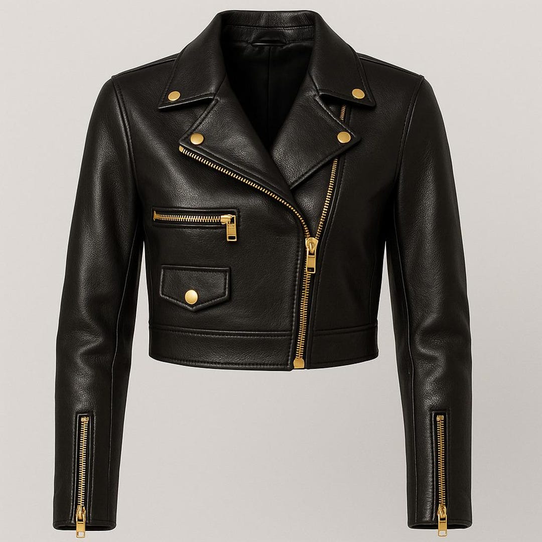 Cropped Black Faux Leather Biker Jacket: Gold Zipper Moto Style - Etsy