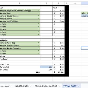 May include: A spreadsheet displaying itemized costs, including examples like bagels, ham, and cheese, with packaging and labor costs. The total cost is $8.24, with a retail price of $13.60. The spreadsheet also includes a dropdown selection area.