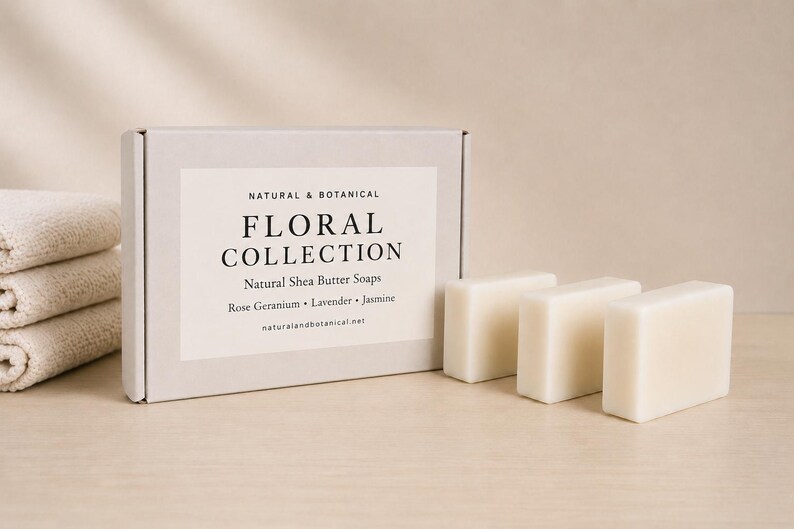 May include: A light grey rectangular cardboard box labelled NATURAL & BOTANICAL FLORAL COLLECTION Natural Shea Butter Soaps Rose Geranium Lavender Jasmine naturalandbotanical.net with three off-white rectangular soap bars and folded towels.