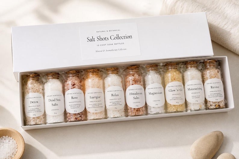 May include: A white rectangular gift box containing ten small glass bottles with cork stoppers, each filled with different coloured bath salts. The label on the box reads Salt Shots Collection. Each bottle has a white oval label with text.