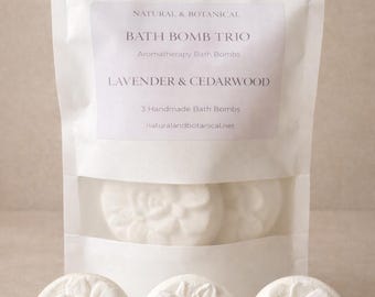 Trío de bombas de baño naturales, de aromaterapia y hechas a mano, con aceites esenciales naturales, 3 unidades de 80 g cada una.