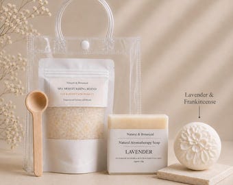 Aromaterapia, Set de regalo de spa natural / Bomba de baño de lavanda, sales de avena y miel, jabón artesanal
