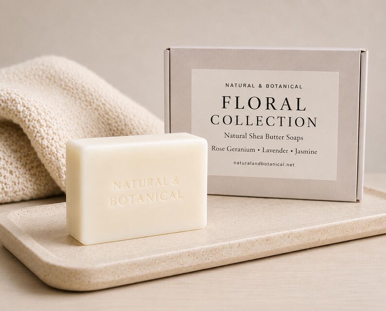 May include: A rectangular off-white bar of Natural & Botanical shea butter soap embossed with text, positioned next to a matching cardboard box labelled Floral Collection with scents Rose Geranium, Lavender, and Jasmine, and a beige knit fabric.