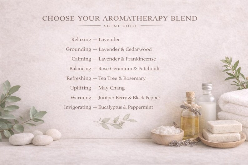 May include: Aromatherapy blend guide with text "CHOOSE YOUR AROMATHERAPY BLEND". The image shows essential oil bottles, a bowl of salt, and stacked white towels. The scent guide lists various blends like lavender and eucalyptus.