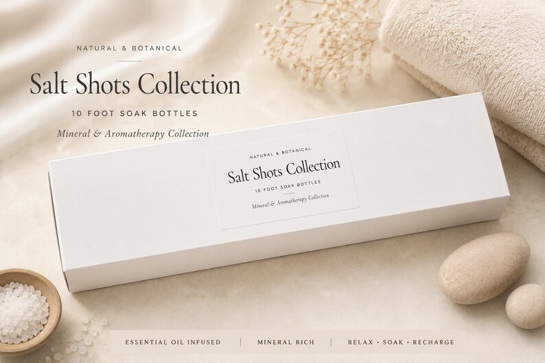May include: A rectangular white box labelled Salt Shots Collection 10 Foot Soak Bottles Mineral & Aromatherapy Collection. The packaging features the text Natural & Botanical, Essential Oil Infused, Mineral Rich, and Relax, Soak, Recharge.
