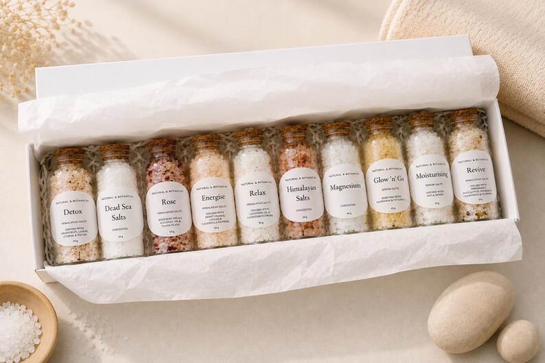 May include: A white gift box containing ten small glass bottles with cork stoppers, each filled with different bath salts. The labels read Detox, Dead Sea Salts, Rose, Energise, Relax, Himalayan Salts, Magnesium, Glow 'n' Go, Moisturising, and Revive.