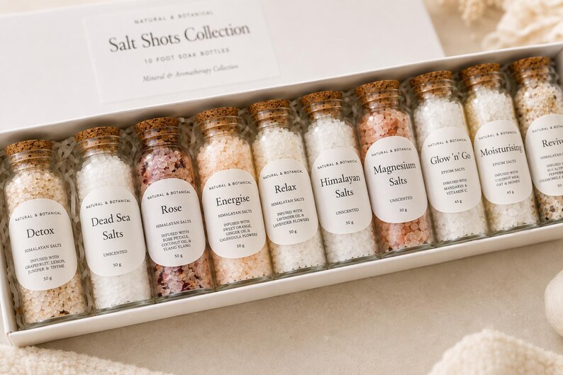 May include: A white rectangular box labelled Salt Shots Collection containing ten glass bottles filled with various bath salts. Each bottle has a cork stopper and a white label detailing the specific salt type, such as Detox, Rose, and Magnesium.