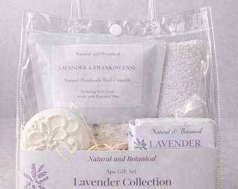 Set de regalo de spa con aromaterapia natural y lavanda, colección de baño artesanal con aceites esenciales.