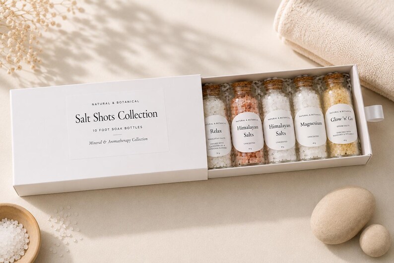 May include: A white sliding gift box labelled Salt Shots Collection containing five small glass bottles filled with bath salts. The labels read Relax, Himalayan Salts, Himalayan Salts, Magnesium, and Glow 'n' Go, each with 15g net weight.