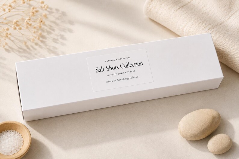 May include: A rectangular white box labelled Salt Shots Collection 10 Foot Soak Bottles Mineral & Aromatherapy Collection. The packaging features black serif text on a white label centred on the box, presenting a clean and minimalist aesthetic.