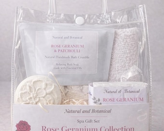 Set de regalo de spa natural, aromaterapia, geranio rosa y pachulí, hecho a mano, colección de baño, aceites esenciales.