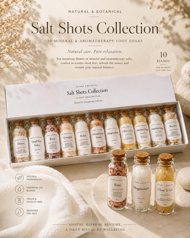 May include: A Salt Shots Collection set featuring ten glass bottles of mineral and aromatherapy foot soaks in a white box. Each bottle has a cork stopper and a label with names like Detox, Dead Sea Salts, Rose, Energise, Relax, Himalayan Salts, Magnesium, Glow 'n Go, and Moisturising.