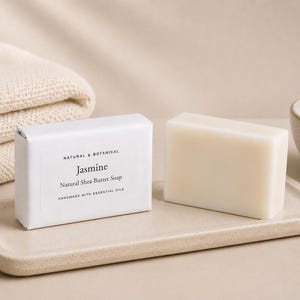 May include: A rectangular bar of off-white shea butter soap next to a white paper-wrapped bar labelled Natural & Botanical Jasmine Natural Shea Butter Soap Handmade with Essential Oils, both resting on a beige rectangular ceramic tray.