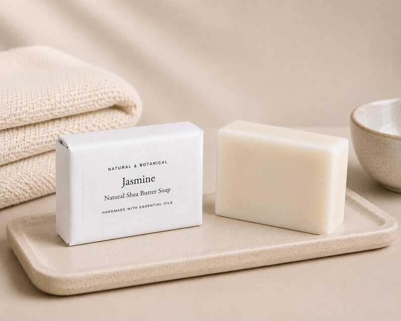 May include: A rectangular bar of off-white shea butter soap next to a white paper-wrapped bar labelled Natural & Botanical Jasmine Natural Shea Butter Soap Handmade with Essential Oils, both resting on a beige rectangular ceramic tray.