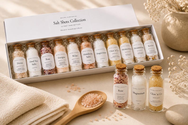 May include: A Salt Shots Collection set featuring twelve small glass bottles filled with various bath salts, each with a cork stopper and white label. Three additional bottles sit in front, alongside a wooden spoon filled with pink salt crystals.