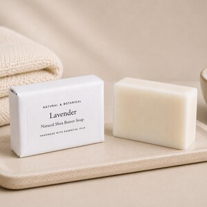 May include: A rectangular bar of off-white soap and a matching bar wrapped in white paper with black text that reads Natural & Botanical Lavender Natural Shea Butter Soap Handmade with Essential Oils, both resting on a beige ceramic tray.
