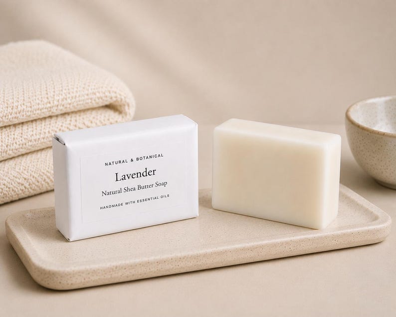 May include: A rectangular bar of off-white soap and a matching bar wrapped in white paper with black text that reads Natural & Botanical Lavender Natural Shea Butter Soap Handmade with Essential Oils, both resting on a beige ceramic tray.