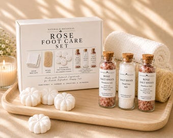 Rose Foot Care Set | Aromatherapy Foot Spa Gift | Rose Geranium and Patchouli Foot Fizzers | Himalayan & Dead Sea Salts | Vegan Gift