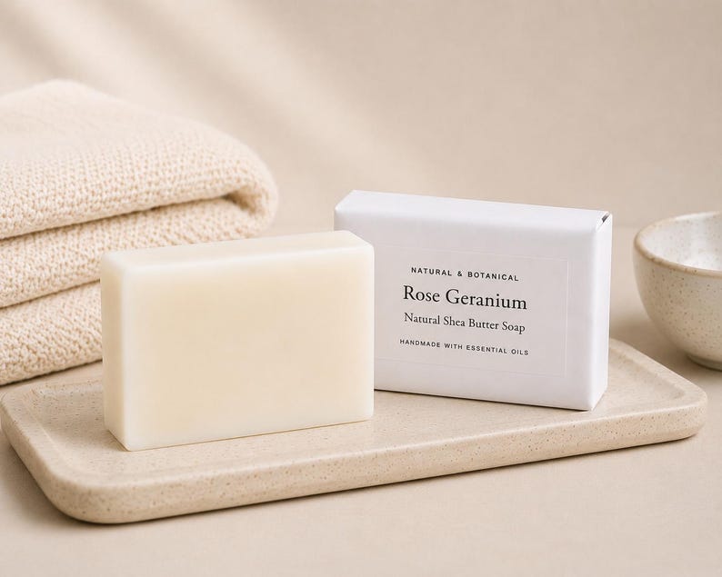 May include: A rectangular bar of off-white soap next to its white paper packaging. The packaging features the text: NATURAL & BOTANICAL, Rose Geranium, Natural Shea Butter Soap, HANDMADE WITH ESSENTIAL OILS. The soap rests on a beige tray.