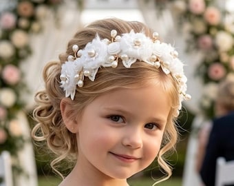 White Flower Girl Headband, Pearl Accented Wedding Hair Accessory.