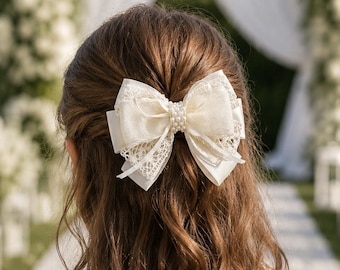 Ivory Lace Flower Girl Hair Bow Clip First Communion Wedding Bridal Accessory