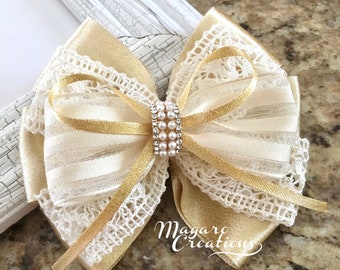 Gold hair bow,wedding hair bow,hair bow,1st communion hair bow,ivory hair bow,hair bows,ivory bow,hairbow,girl bows,bow hair clip,10