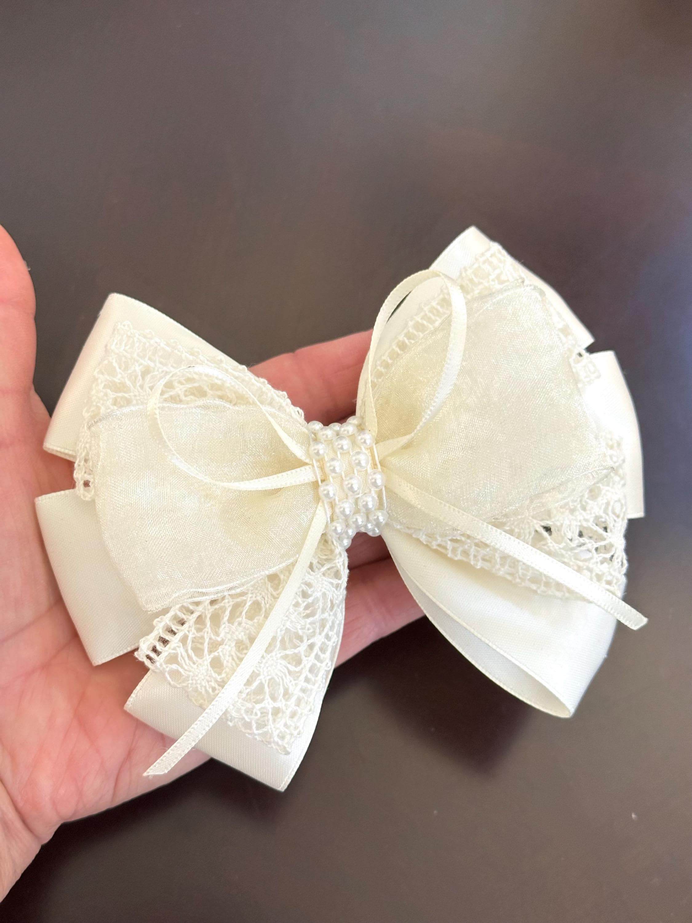 Ivory Lace Flower Girl Hair Bow Clip First Communion Wedding