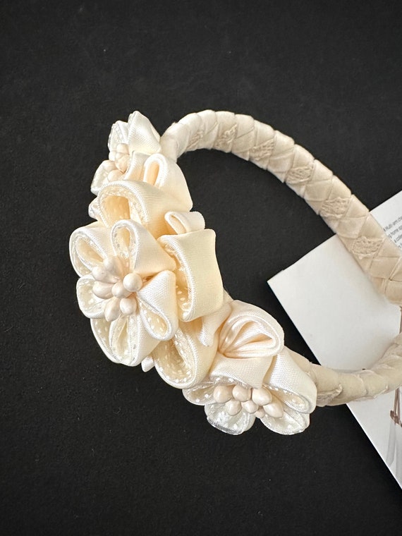 White Satin Headband with Gold Flower Embellishments Cream & Gold Satin Handmade Flower Headband With Pearl Rose  main image 2