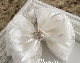 Off-White Flower Girl Hair Bow, Wedding Hair Accessory, Handmade girl Clip, 10