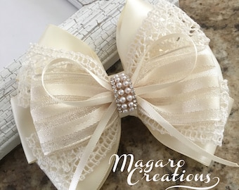Satin Lace Ivory Hair Bow Wedding Flower Girl Communion Alligator Clip, 10