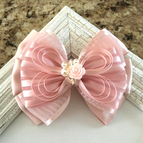 Blush Pink Satin Hair Bow Flower Girl Wedding Rhinestone Pearl Etsy