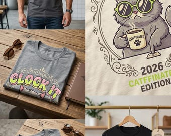 Catfinated 2026 Clock It T-Shirt Funny Coffee Cat Lover Gift Meme Tee for Men Women