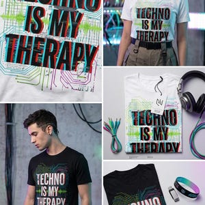 Può includere: Collezione di abbigliamento techno, tra cui t-shirt bianche e nere con la scritta "TECHNO IS MY THERAPY" in effetto 3D. Il design incorpora grafiche di circuiti e colori vivaci.