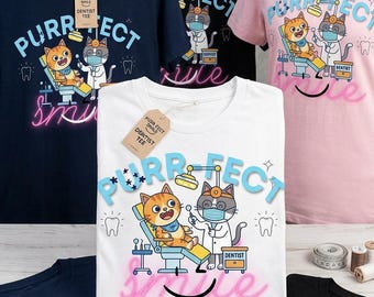 Purr-fect Smile Cat Dentist Tee | Cute Dental Cat Illustration