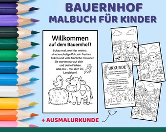 Puede incluir: Un libro para colorear para niños en alemán, titulado "ERLEBNIS BAUERNHOF MALBUCH FÜR KINDER". La imagen muestra páginas para colorear con animales de granja y texto. Lápices de colores están dispuestos a la izquierda.