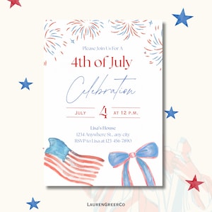 4th of July Celebration Holiday Invitation, Red White & Blue USA Invitation, Independence Day Party Editable and Printable Invite