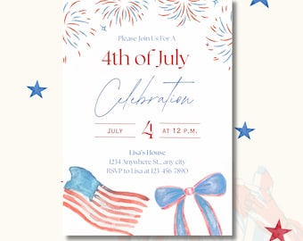 Inbjudan till 4 juli: Röd, vit och blå USA-fest (Canva-mall)