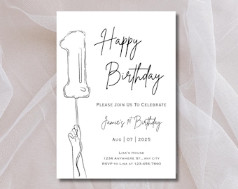 Happy 1st Birthday Minimalistic Invitation, Black and White Simple Birthday Invite, Editable Canva Template