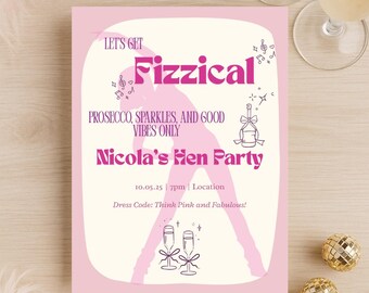 Lass uns Fizzical werden | Junggesellinnenabschied Einladung | Bearbeitbare Canva Vorlage | Prosecco-Party einladen | Druckbares Retro Fitness Theme