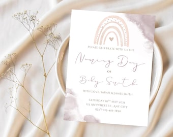 Blush Rainbow Naming Day Invitation | Editable Baby Naming Ceremony Template | Neutral Canva Design | Instant Download Printable