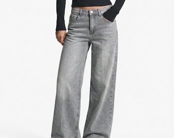 Extra Wide Leg Jeans Damen Grau, High Waist Baggy Denim, ELEXUA Weite Hose mit geradem Bein, Vintage Graue Jeans 90s Style Gr. 34 bis 42